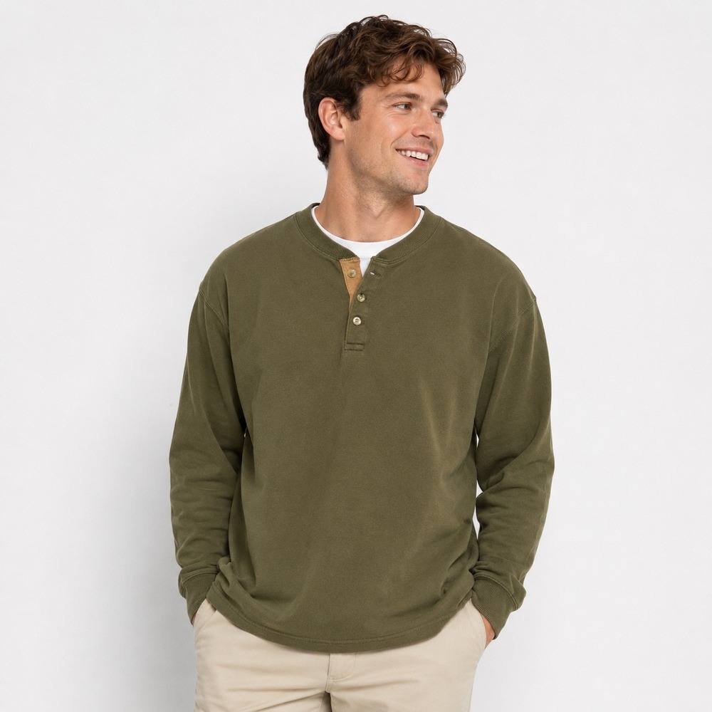 Woolly‎ Dry Goods Henley Sweatshirt Mens 2XL Olive Green Fleece Pullover Preppy